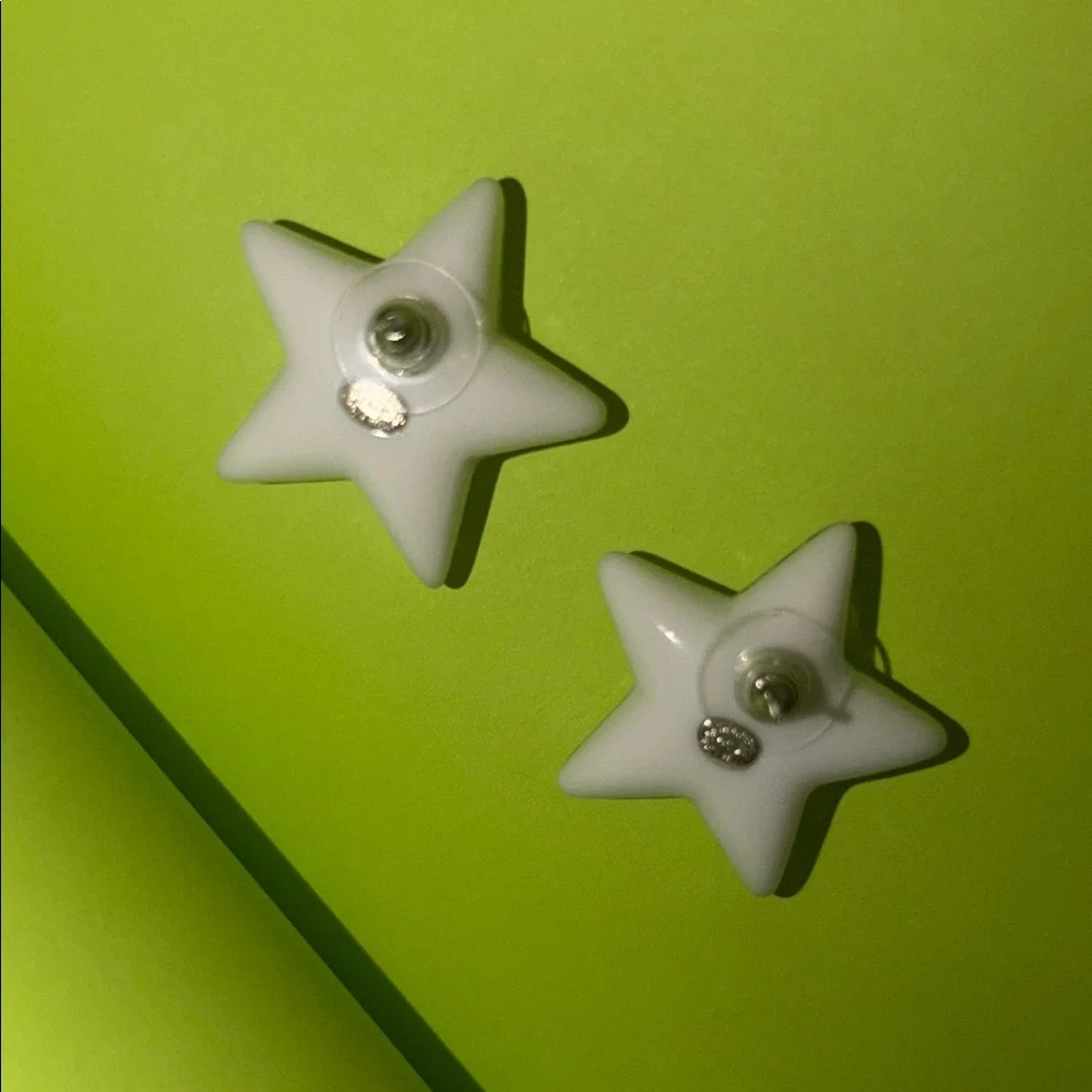 CHANEL White CC Silver Glitter Resin Star Studs